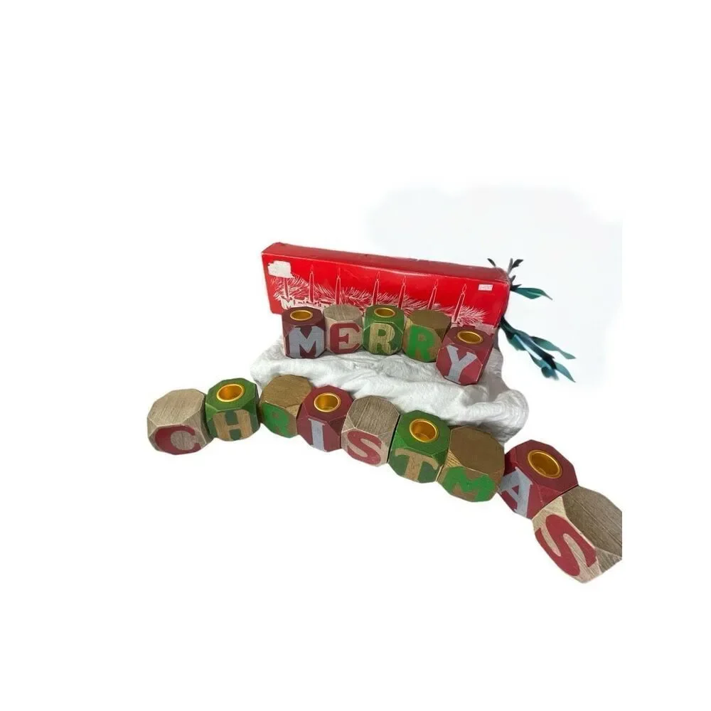 Vintage Merry Christmas primitive wooden block candle holders. Made in Taiwan.